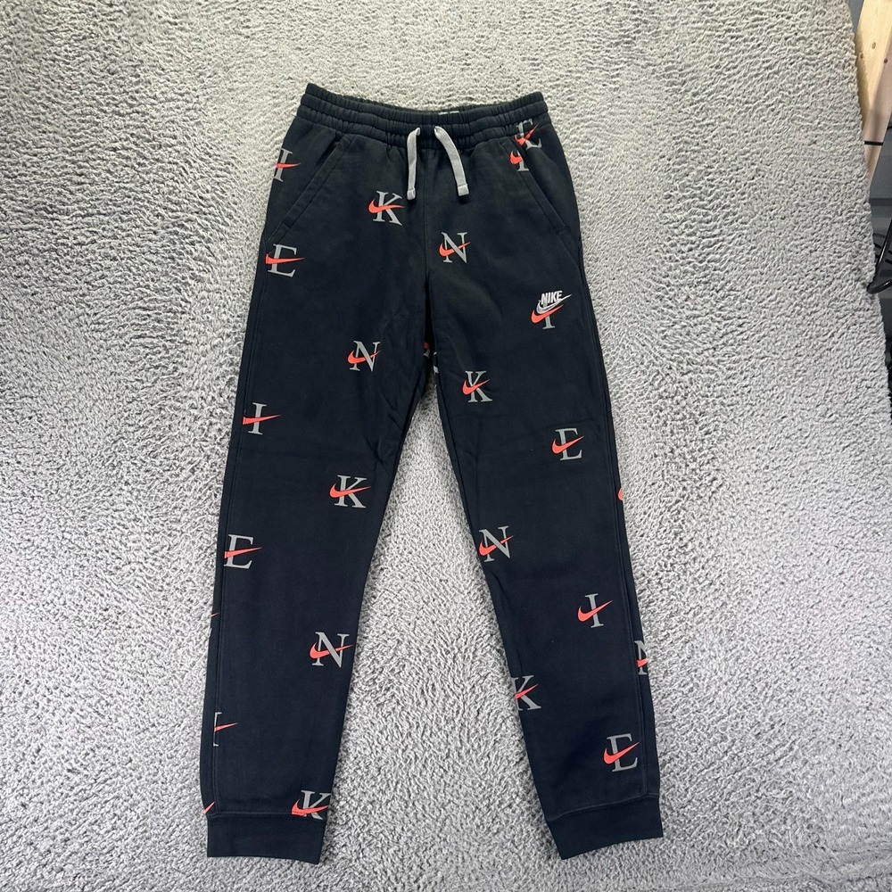 VTG Nike Sportswear Club Sweatpant Boys XL Black All-Over Print Jogger Tapered - Picture 1 of 9